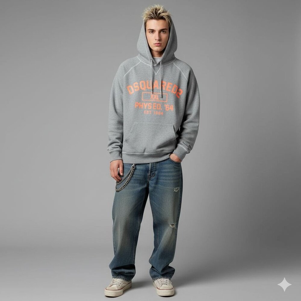 DSquared2 Gray Varsity Logo Phys Ed. '64 Hooded Pullover Sweatshirt Men's Medium